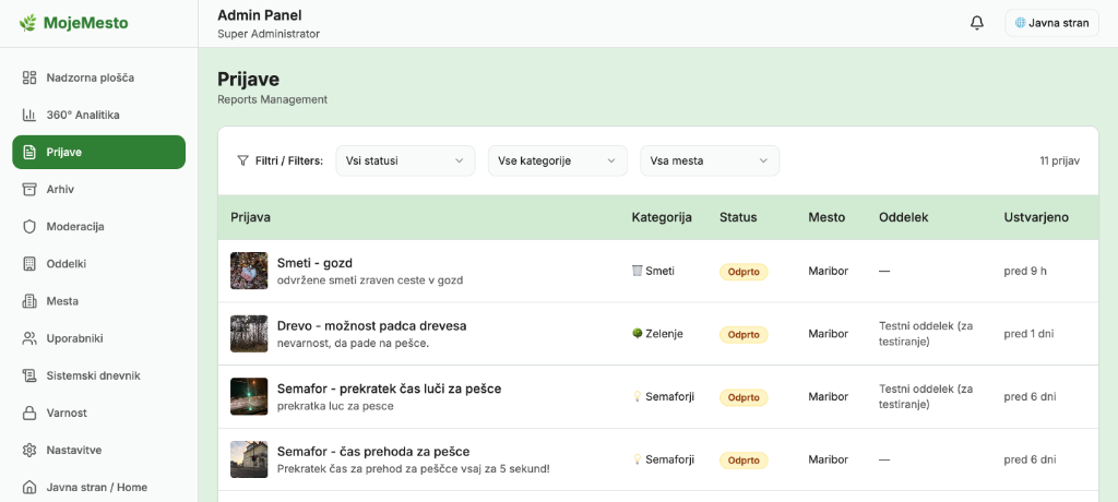 Pregled seznama prijav občanov z možnostjo filtriranja v nadzorni plošči
